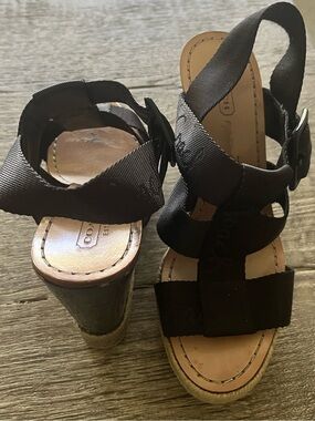 Coach Black Strappy Wedge Sandals with Buckle